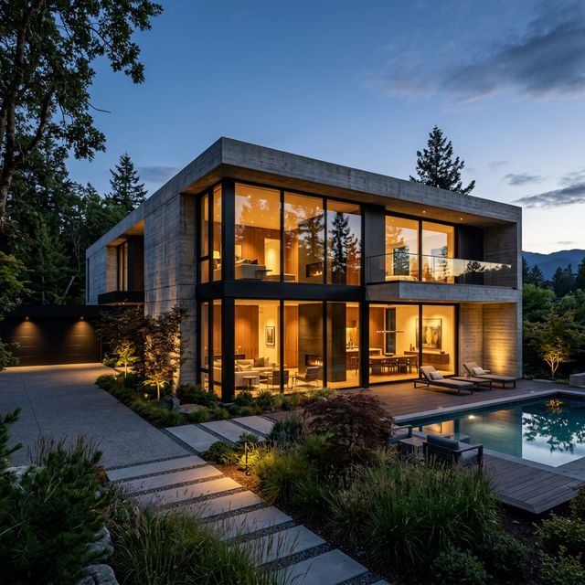Modern Facade Dusk with warm light